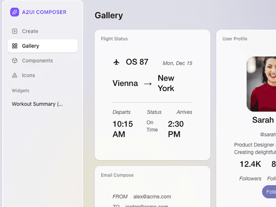 Mobile view of the A2UI Composer Gallery interface showing declarative UI components generated by agents