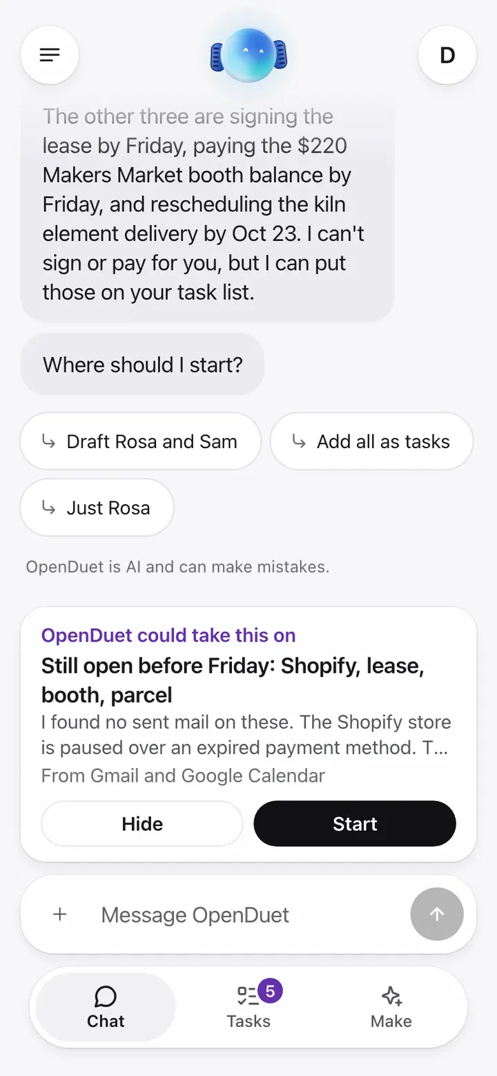 Illustration: OpenDuet in Chat, listing what is open before Friday and asking where to start, with replies to tap and a card offering to take on what it found in Gmail and Google Calendar.