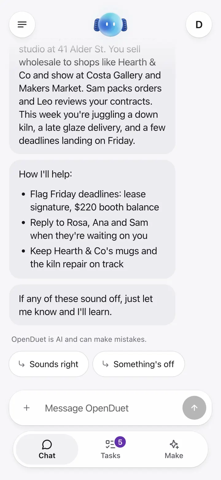 Illustration: OpenDuet’s first day in Chat, offering Sounds right and Something’s off, beside a new channel for Hearth & Co with its purpose filled in.