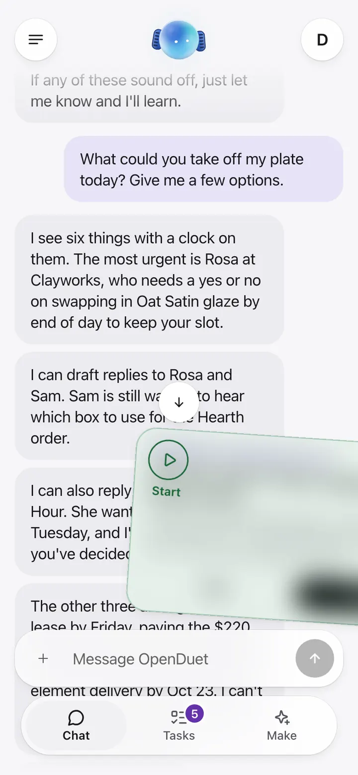 Illustration: a suggestion card sliding right over a green Start, beside Chat answering On it with a one-line link to the new task.