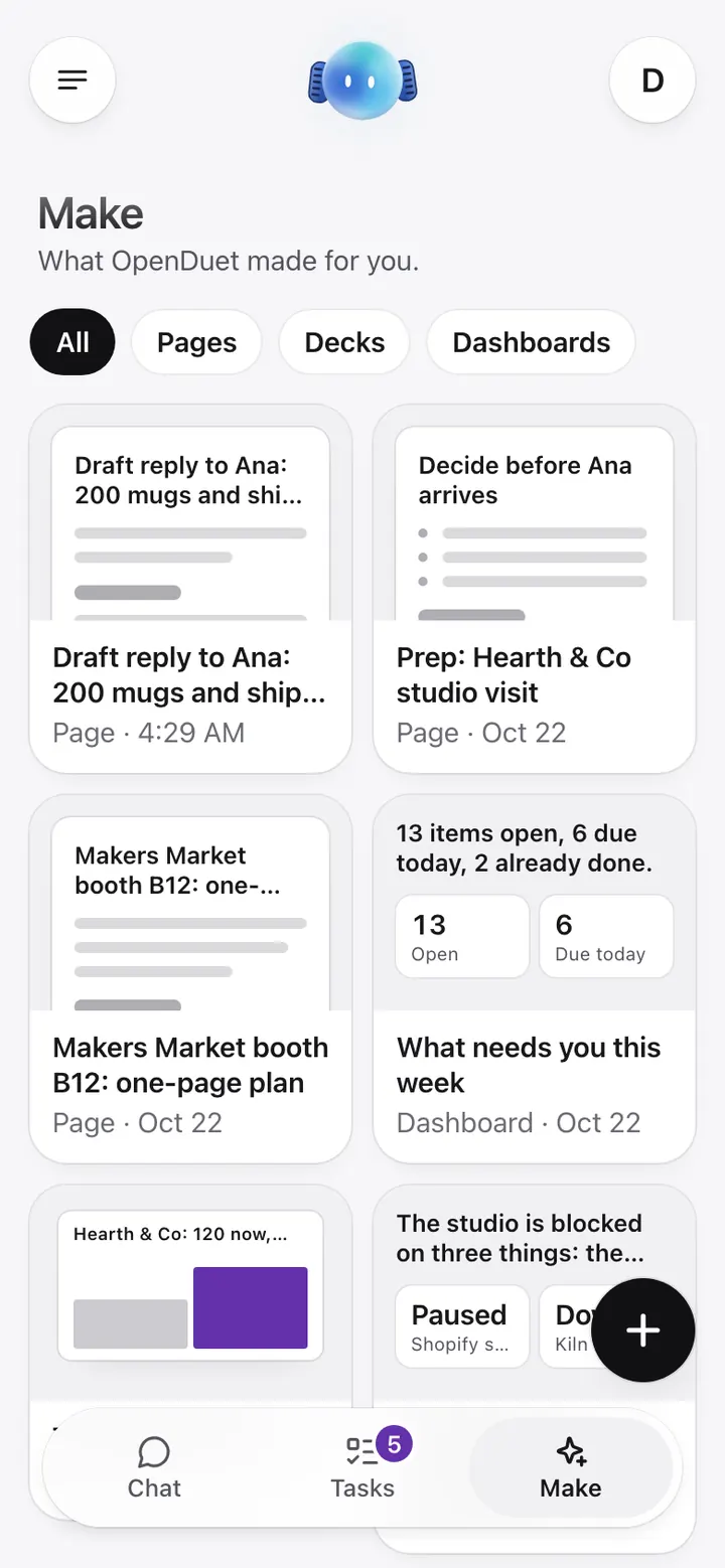 Illustration: the Make tab, a grid of the pages, decks and dashboards OpenDuet made, beside a dashboard opened to what needs you this week.